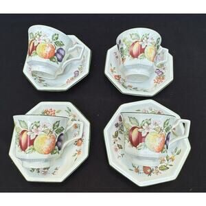 4 Johnson Brothers FRESH FRUIT Pedestal Cup & Octagon Saucer Sets Nice! S1
